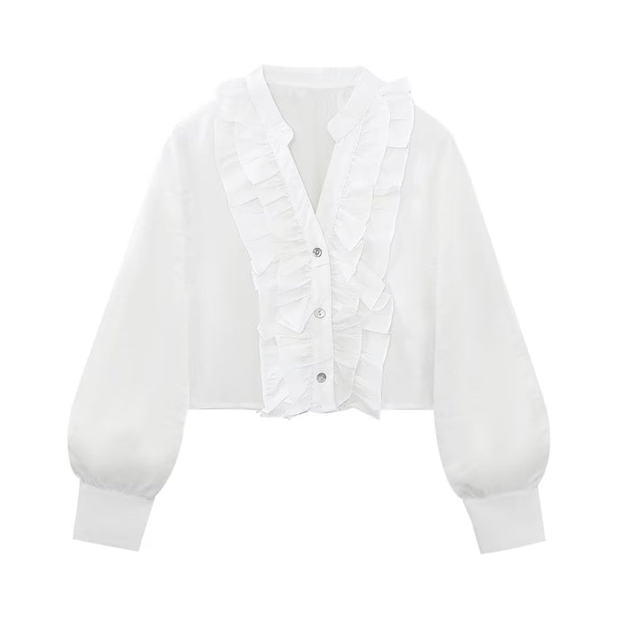 Spring French Ruffled V neck Loose Top White Laminated Decoration Shirt