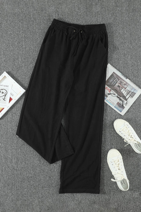 Black Drawstring Elastic Waist Pockets Long Straight Legs Pants