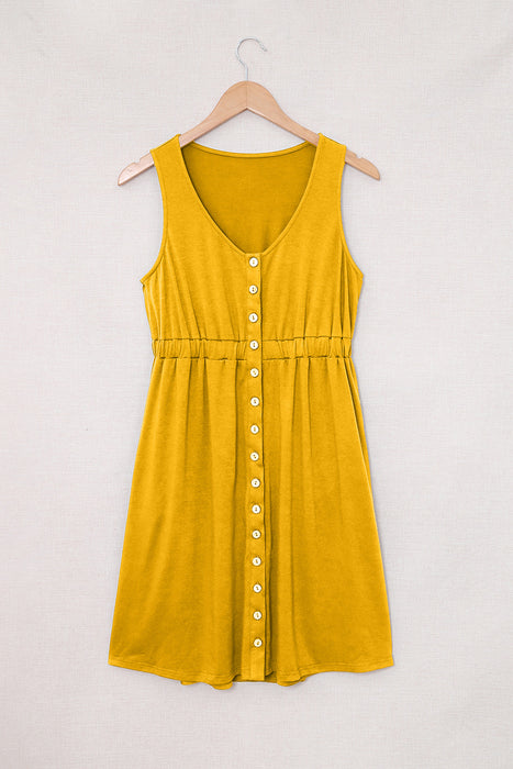 Green Buttons Sleeveless High Waist Mini Dress