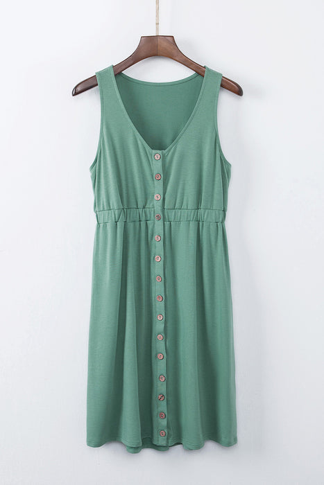 Green Buttons Sleeveless High Waist Mini Dress