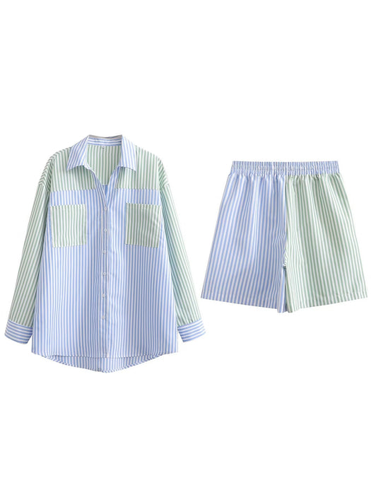 Spring Women Clothing Light Blue Light Green Striped Two Piece Set  Shirt