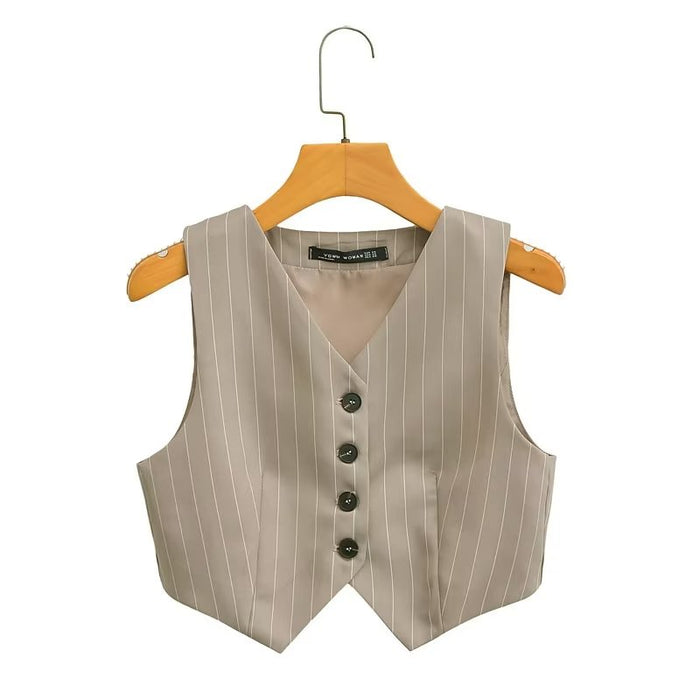 Spring Women Clothing V neck Ptripe Single Breasted Short Vest Jacket Top