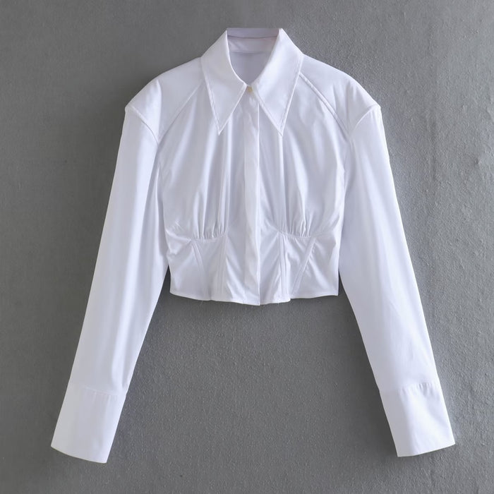 Spring Women White Slim Poplin Pointed Collar Underwear Short Shirt