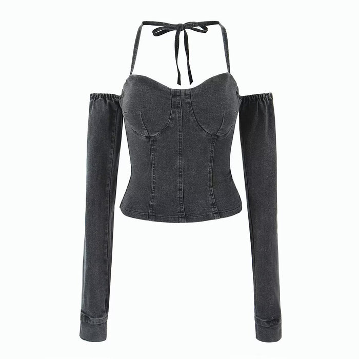 Sexy off the Shoulder Tube Top Halter Lace up Boning Corset Line Long Sleeve Denim Top Spring Slim Fit Sexy Top