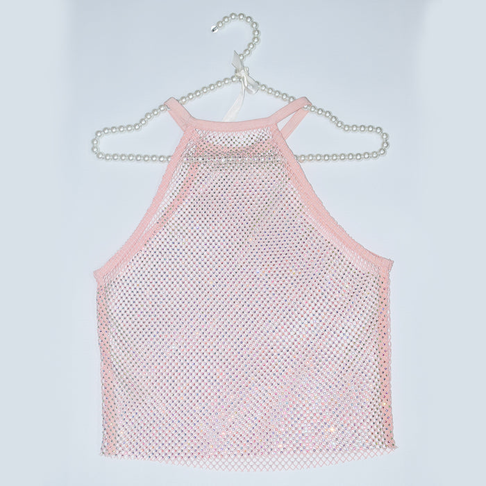 Women Clothes Sexy Mesh Rhinestone Vest Elastic Net Super Shiny Sexy Fishnet Top Women