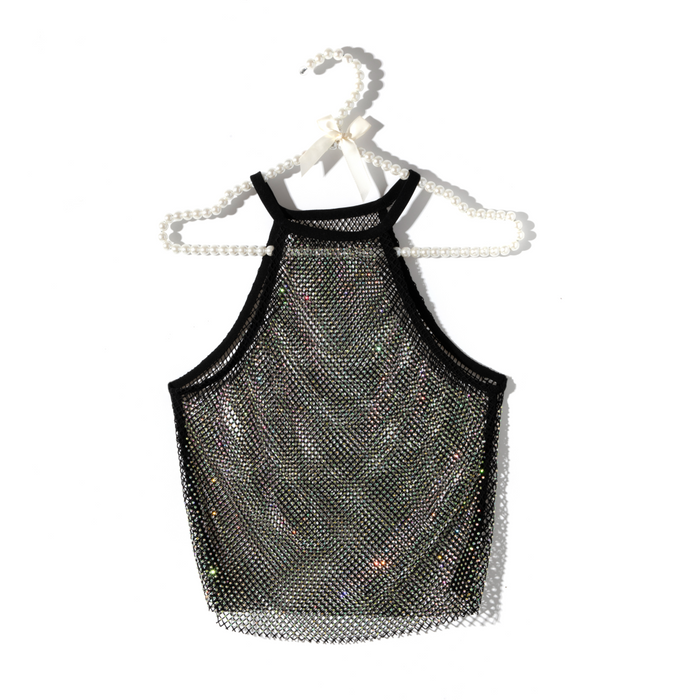 Women Clothes Sexy Mesh Rhinestone Vest Elastic Net Super Shiny Sexy Fishnet Top Women