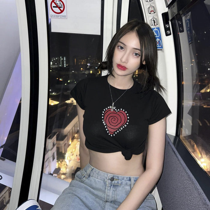 Contrast Color Heart Printing Top Women Summer Sweet Spicy Sexy Cropped Short T shirt Women