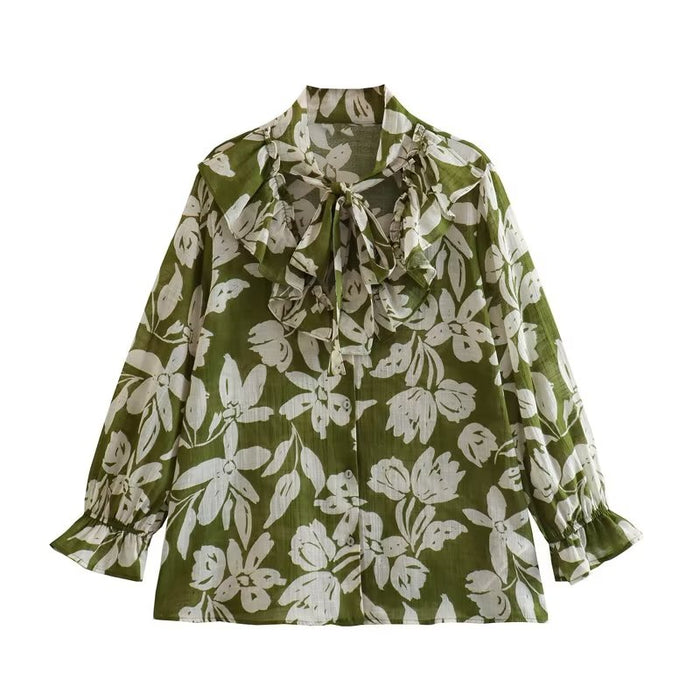 Summer Women Bow Floral Print Loose Vacation Shirt Top