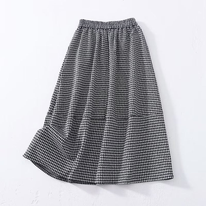 Autumn Mid Length Skirt Women Elastic Waist Woolen Houndstooth Skirt