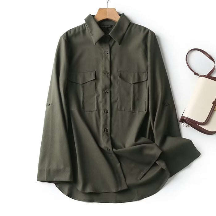 Spring Pocket Collared Long Sleeve Shirt Irregular Asymmetric Hem Office Women Basic Shirt