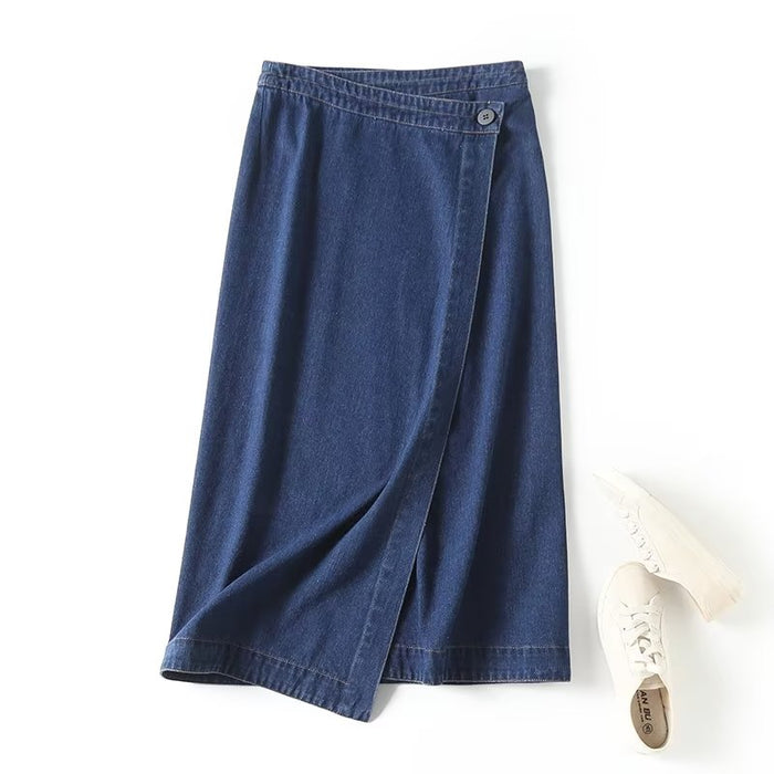 Fall Minimalist Preppy Slimming Clean Version Side Slit Mid Length Denim Skirt Women