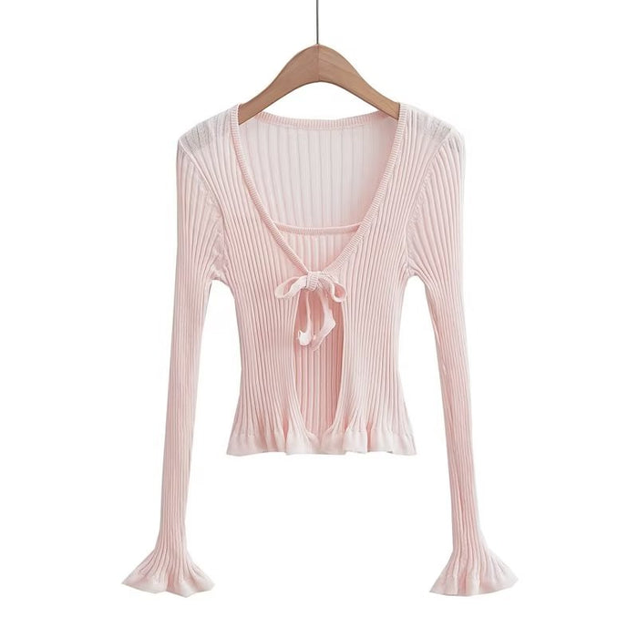 Light Pink Knitwear Women Clothing Spring Western Slim Fit Faux Two Pieces