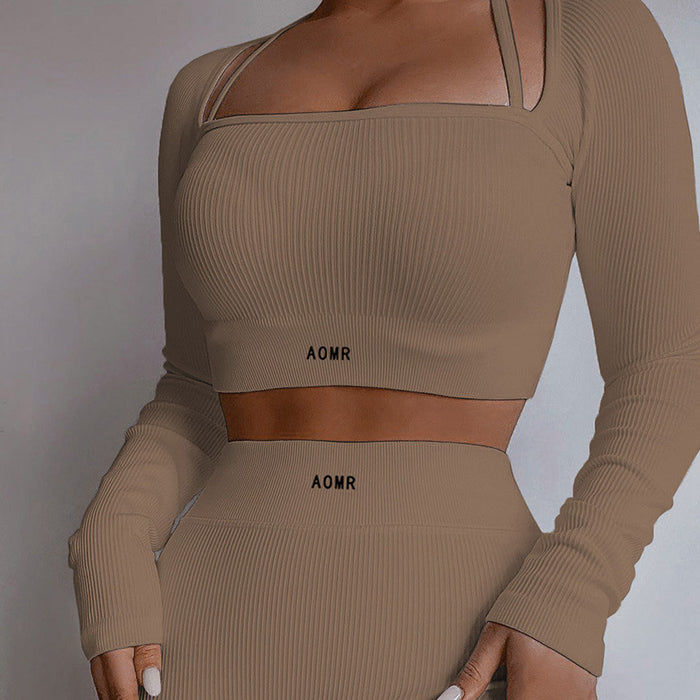 Solid Color Knitted Letter Graphic Body Hugging Set round Neck Long Sleeve Short Top High Waist Skinny Leggings Two Piece Set Women