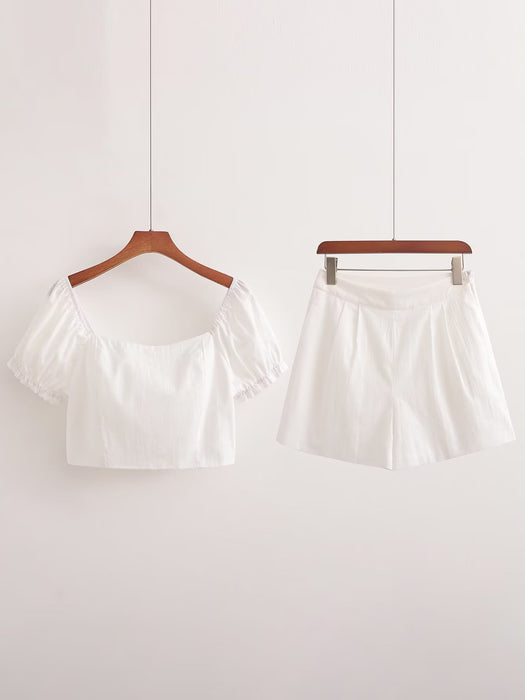 Summer Sexy Puff Sleeve Slim Short Sleeved Tops Shorts Set