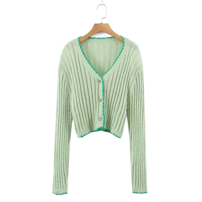 Sweet Contrast Color Handmade Crochet Knitted Cardigan Women Spring Sexy Slim Fit V neck Single Breasted Sweater