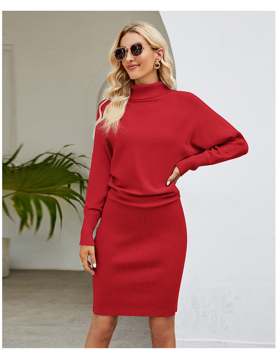 Elegant Women Solid Color Long Knitted Dress Simple Slimming Sheath High Collar Sweater Dress