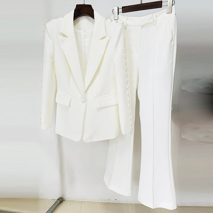 Star Elegant Socialite Pearl Beaded One Button Suit Bell Bottom Pants Suit