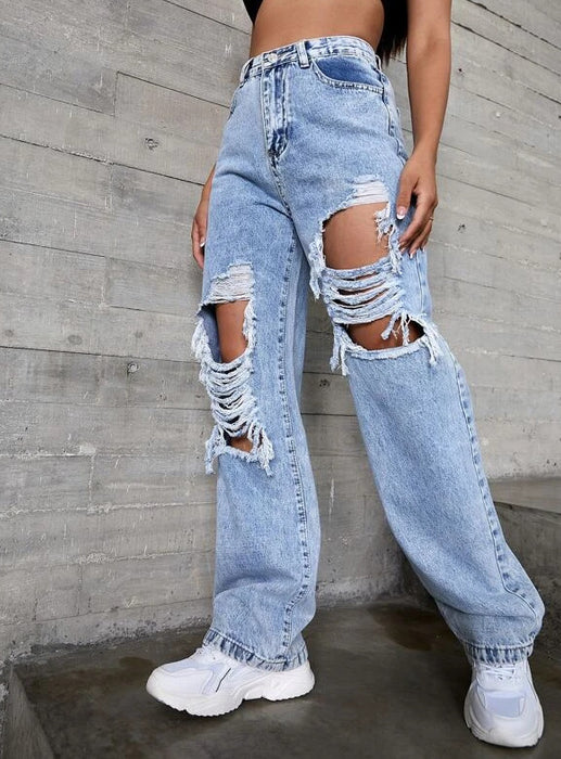 Jeans Quality High Waist Retro Blue Washed Ripped Straight Jeans Women Trend