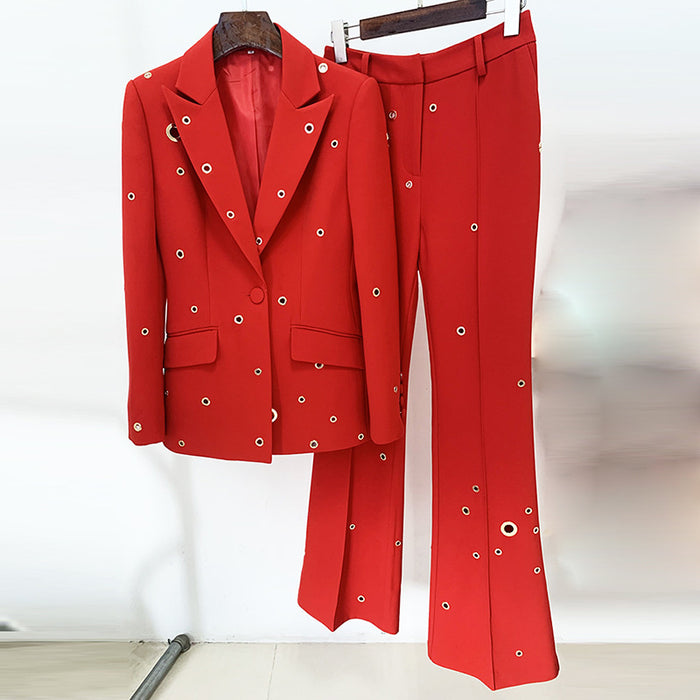 Women Goods Stars Heavy Industry Metal Hole One Button Blazer Trousers Suit Two Pieces