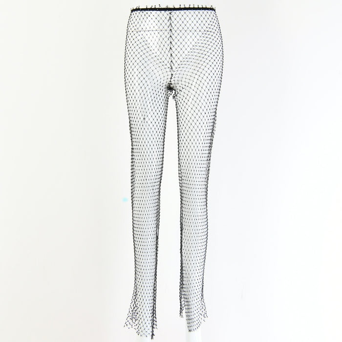 Mesh Rhinestone Slit Pants Women Summer Popular