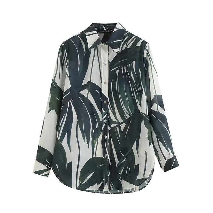 Women Palm Tree Print Long Sleeve Shirt