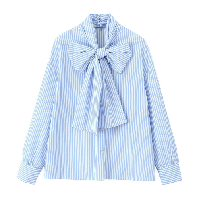 Blue Striped Shirt Women Spring Summer Niche Loose Ribbon Shirt