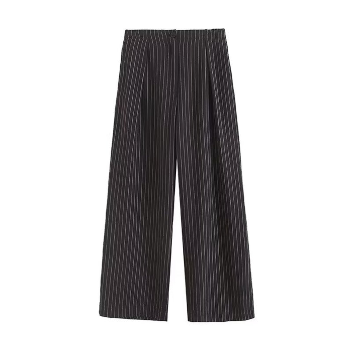 Summer Women All Match Ptripe Pleated Elastic Waist Straight Casual Lazy Trousers