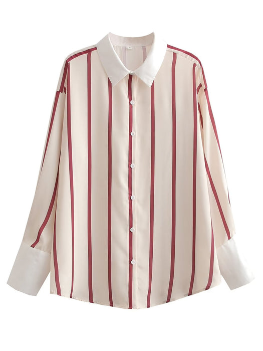 Women Clothing French Loose Lapels Striped Long Sleeve All Match Casual Shirt