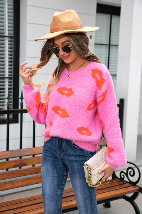 Autumn Winter Women Lips Valentine Day Sweater Round Neck Pullover Love Sweater