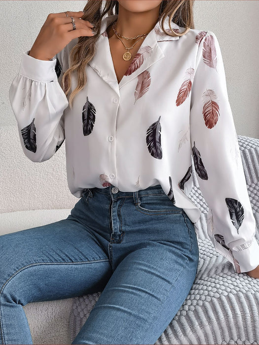 Autumn Winter Elegant Feather Printed Suit Collar Long Sleeve Shirt Women Clothing