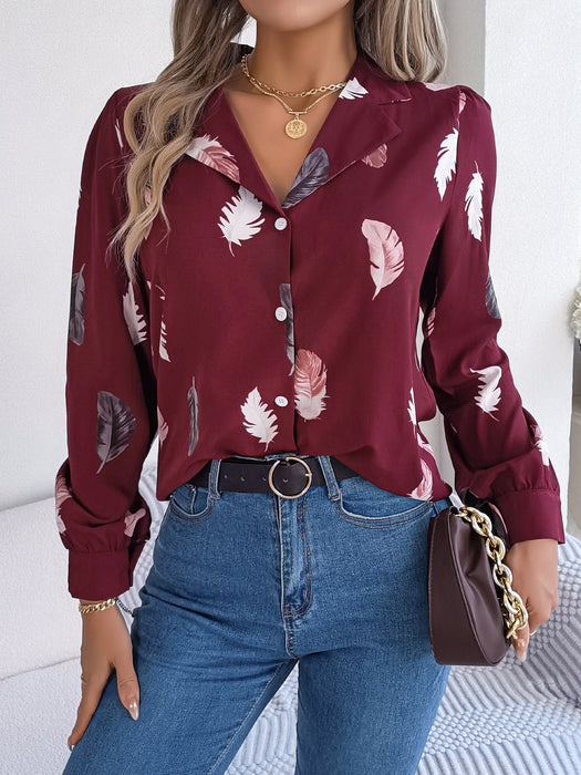 Autumn Winter Elegant Feather Printed Suit Collar Long Sleeve Shirt Women Clothing