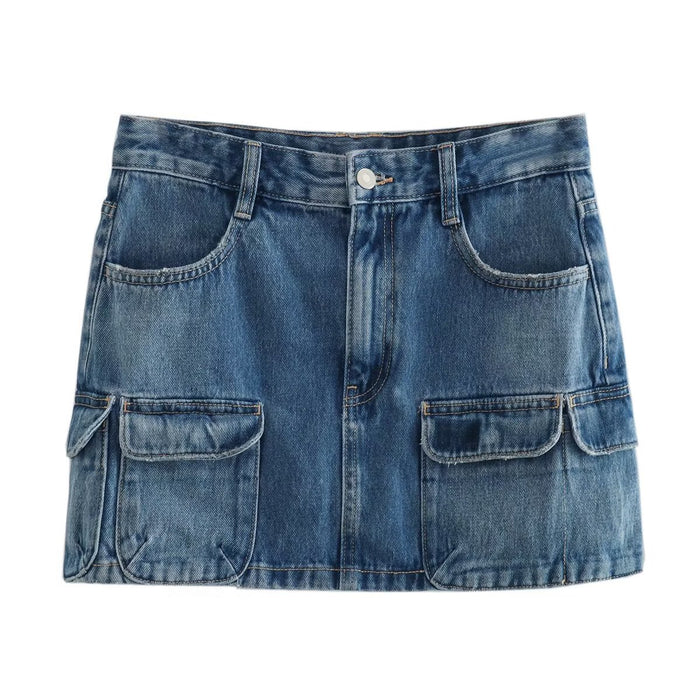 Summer Women Clothing Air Outlet Pocket Decoration High Waist Overalls Denim Skirt