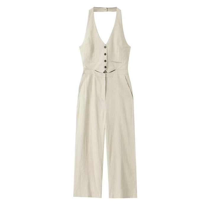 Summer Women Clothing Stylish Simple Linen Halter Jumpsuit