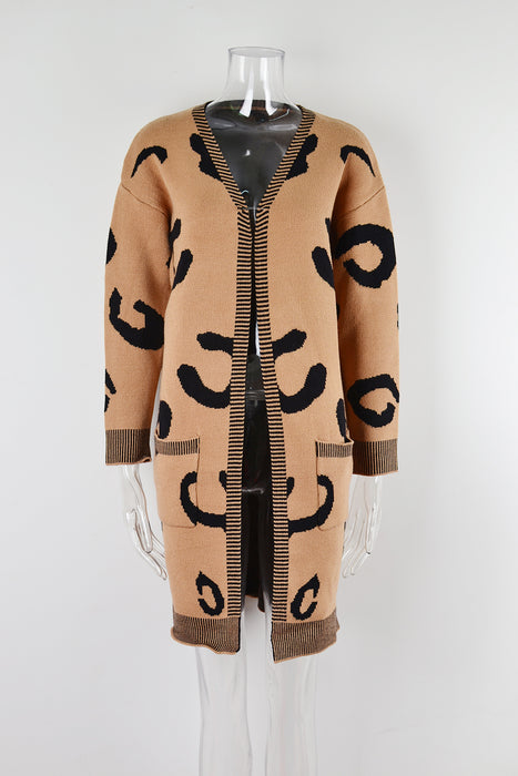 Autumn Winter Leopard Print Sweater Plus Size Mid Length Cardigan Sweater Coat Women