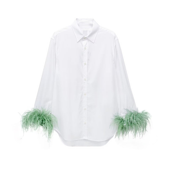 Women  Stand Collar  Hollow Out Cutout Cuff Feather Decorative Silk Textured Shirt