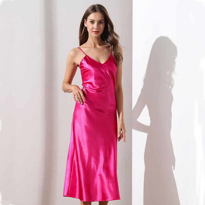 Artificial Silk Nightdress Women Summer Cami Dress V-neck Sexy Long Pajamas Home satin pajamas satin sleepwear