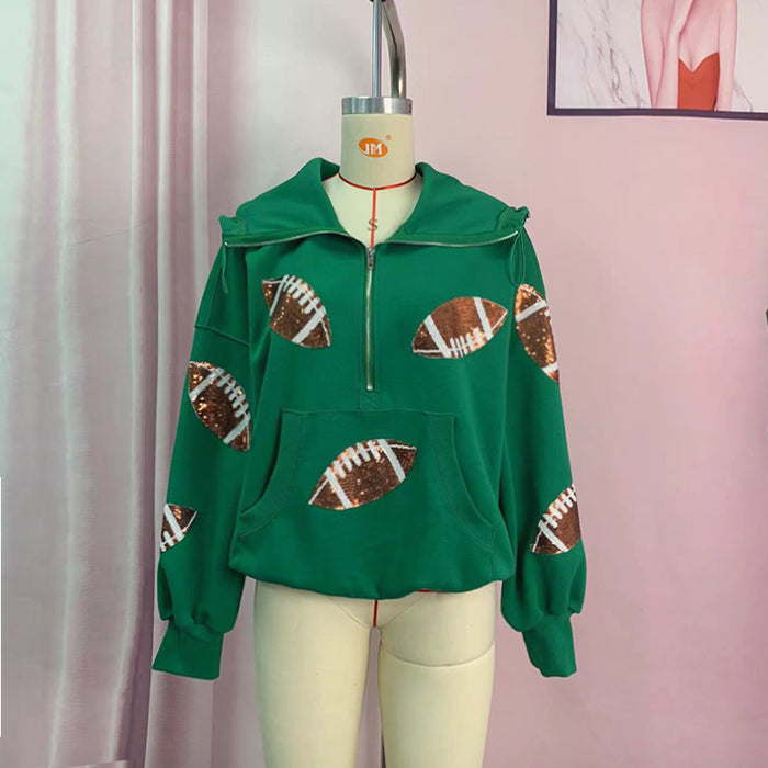 Rugby Sequined Hooded Sweater Women Zipper Drawstring Long Sleeve Top Coat