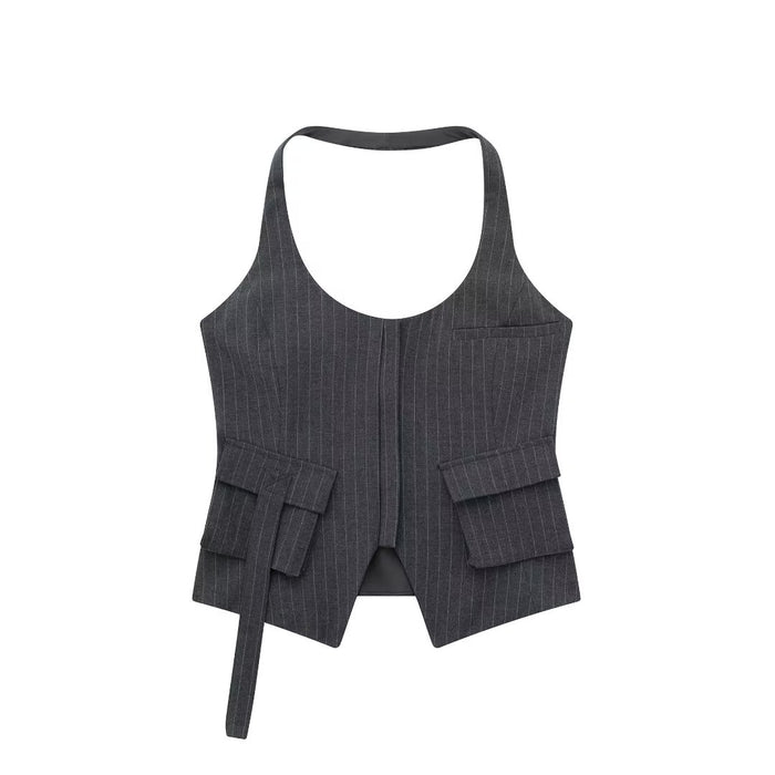 Autumn Halter Backless Waistcoat Women Simple Short Temperamental Pocket Decoration Vest