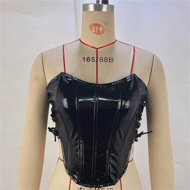 Metallic Coated Fabric Women Clothing Autumn Winter Sexy Sexy Lace Up Tube Top Vest Boning Corset Waist Tied Vest Women