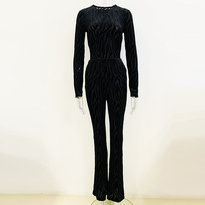 Goods Zebra Stripes See through Carved Velvet Jumpsuit Bell-Bottom Pants Suit Two Piece Set