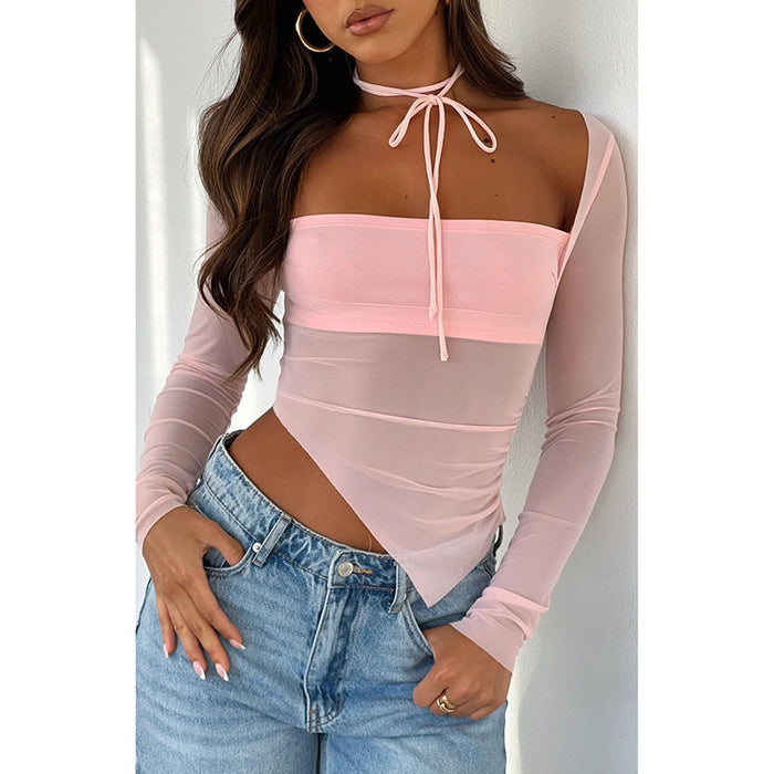 Autumn Micro Revealed Waist T shirt Fashionable Elegant Slim Fit Mesh Stitching Long Sleeves Top Women Clothing