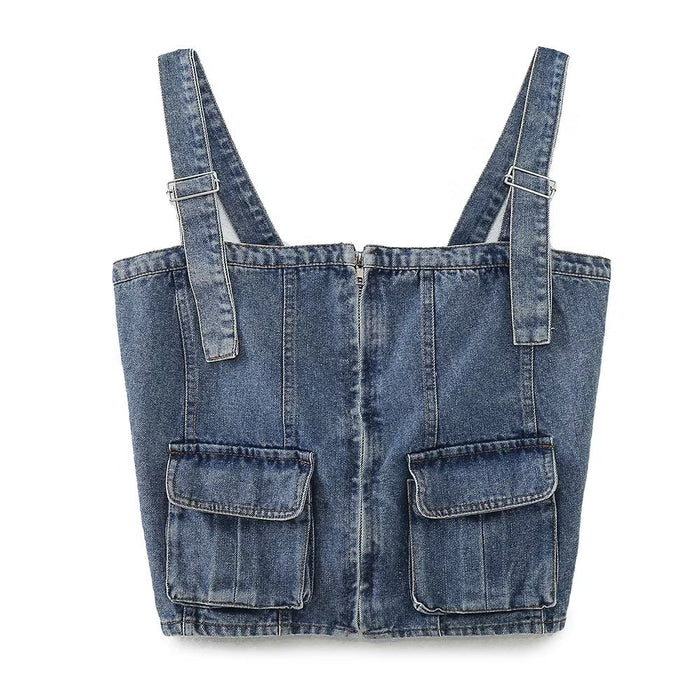 Autumn Sexy Slim Fit Slimming Pocket Decoration Denim Sling Top Women