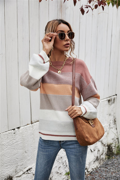 Winter Clothes Sweater Patchwork round Neck Personalized Striped Loose Sweater Sweater Women