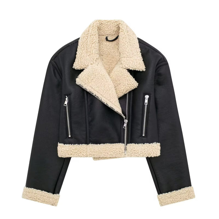 Autumn Winter Women Double Sided Short Jacket Leather Coat