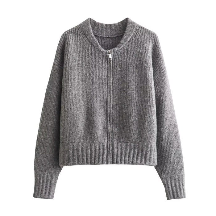 Autumn Women Zipper Knitted round Neck Cardigan Sweater Coat