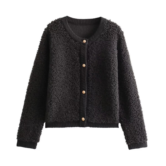 Autumn Women Clothing Button Decoration Terry Yarn Knitted Cardigan round Neck Women Coat