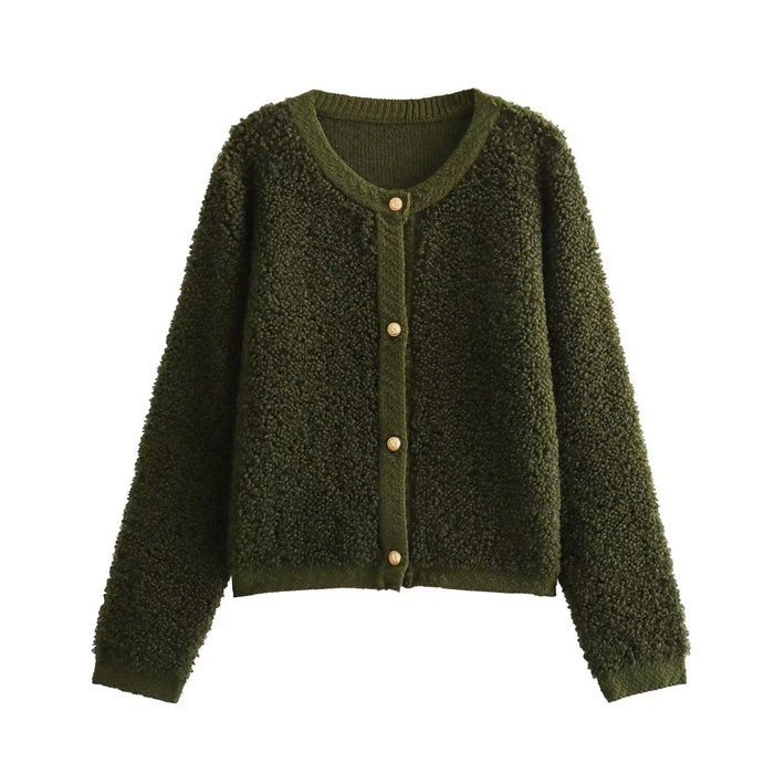 Autumn Women Clothing Button Decoration Terry Yarn Knitted Cardigan round Neck Women Coat