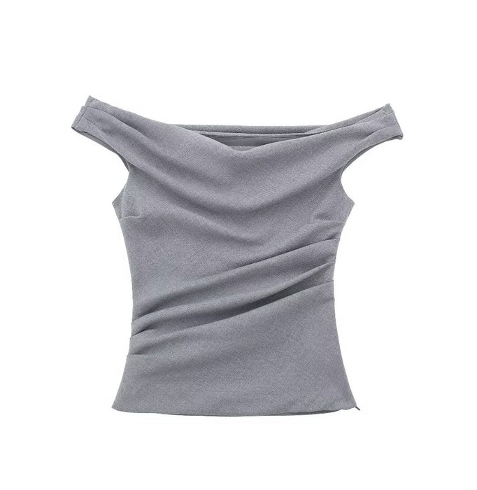 High Street Off Shoulder Top Women Summer Pleated Sleeveless T Shirt Short Sexy Top