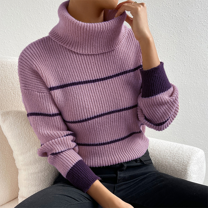 Casual Striped Contrast Color Top High Necked All Matching Casual Sweater Loose Sweater