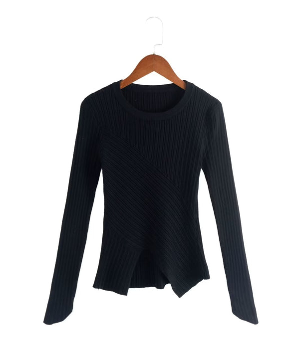 Fall Thread round Neck Pullover Inner Wear Top Solid Color Irregular Asymmetric Knitting Base Shirt for Women